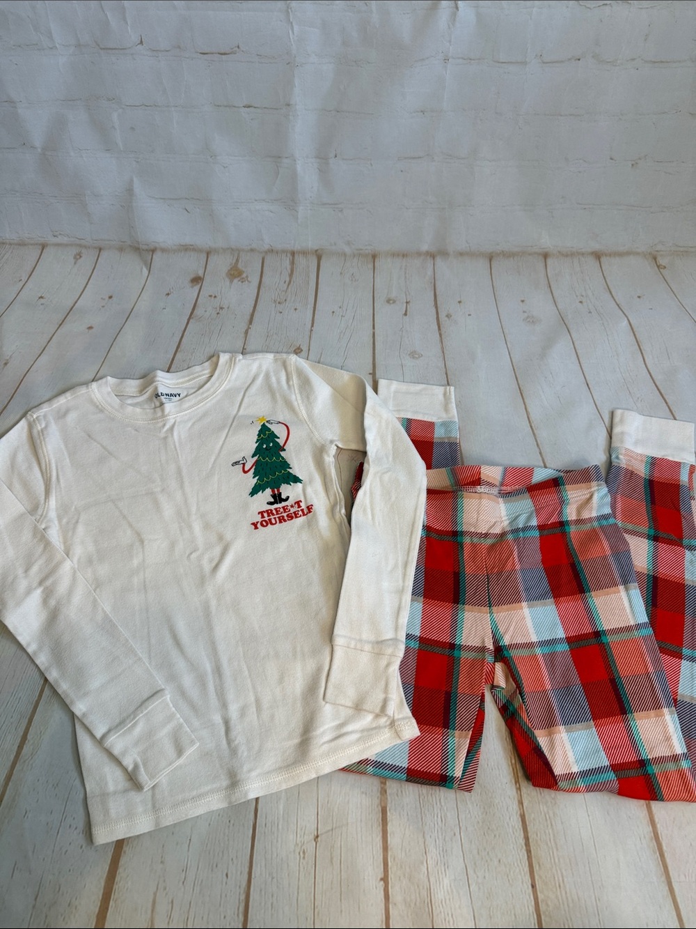 Old Navy Cream Long-Sleeve Tree Pajama Top with Red Plaid Pants